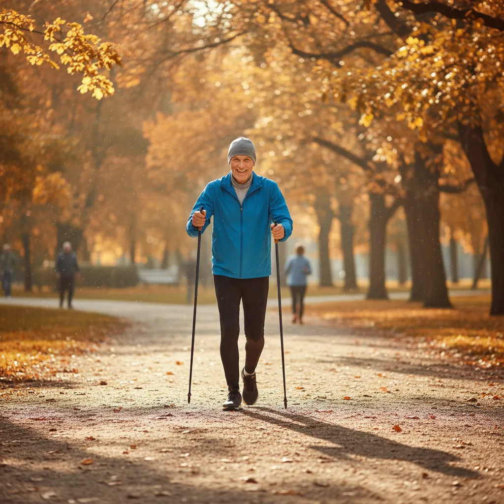 Zdjęcie przedstawiające energicznego, uśmiechniętego mężczyznę w wieku około 60 lat, uprawiającego nordic walking w malowniczym, jesiennym parku. Złote liście na drzewach i ciepłe światło słoneczne tworzą pozytywną, motywującą atmosferę, podkreślając korzyści płynące z regularnej aktywności fizycznej.
