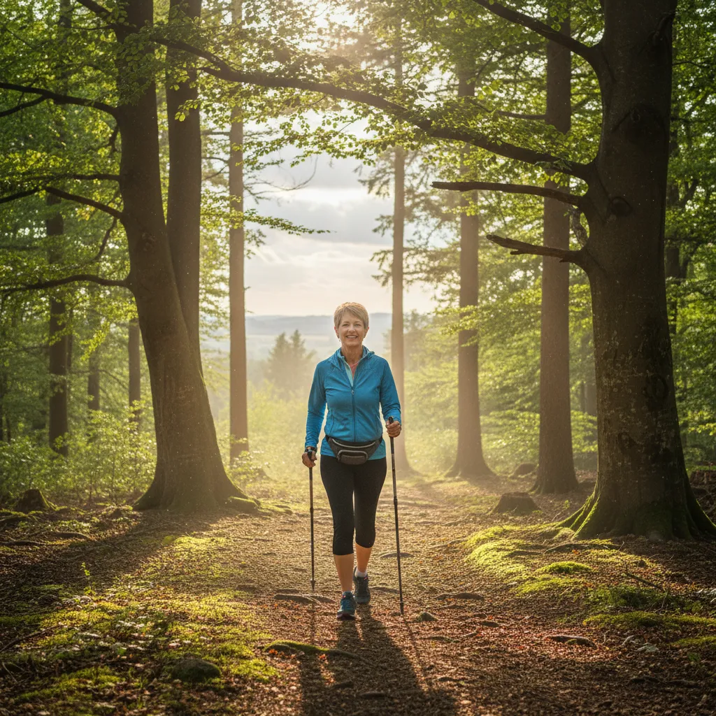 Pogodna kobieta w wieku 50+ w wygodnym stroju sportowym spaceruje z kijkami do nordic walking po malowniczej leśnej ścieżce. Słońce przebija się przez drzewa, tworząc atmosferę zdrowia, spokoju i energii.