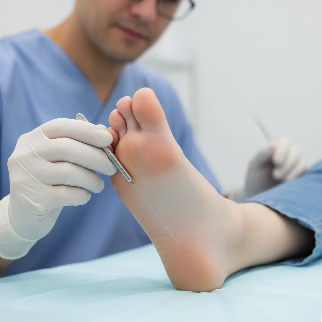Czyste, profesjonalne ujęcie typu close-up. Lekarz w białych rękawiczkach delikatnie przykłada monofilament do podeszwy stopy pacjenta. Oświetlenie jest jasne i kliniczne, ale scena jest spokojna. Fokus na precyzji i delikatności badania.